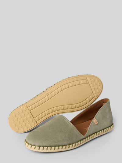 Produktfoto, Espadrilles aus Leder mit Label-Patch Modell 'CARMEN' von Verbenas in Grün, abgerundete Form, strukturierte Sohle, Damenmodell
