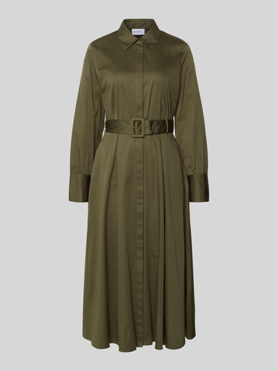 Produktfoto, Regular Fit Midi-jurk met platte kraag van Comma, getailleerde pasvorm, katoenmix, lange mouwen, afneembare stoffen riem, doorlopende knoopsluiting, olijfgroen, gladde textuur