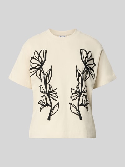 Produktfoto, Regular Fit T-Shirt aus reiner Baumwolle von Jake*s Casual in Creme mit schwarzem Blumenmuster, neutrale Struktur.