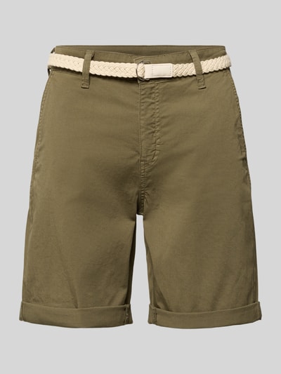 Produktfoto, Chino-Shorts mit Gürtel von MAC in Olivgrün, Baumwoll-Elasthan-Mix, Regular Fit, Eingrifftaschen, kurze Hosenbeine.