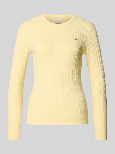 Produktfoto, gelber Strickpullover mit Zopfmuster und Label-Stitching von Gant, Damen Baumwoll-Mix mit Stretch-Anteil, Slim Fit, Rundhalsausschnitt