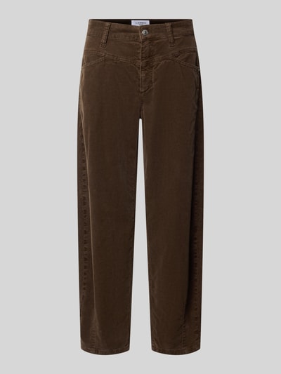 Produktfoto, Tapered Fit Cordhose aus Baumwoll-Mix Modell 'ELIN' von CAMBIO in Dunkelbraun mit feiner Struktur und sichtbarer Knopfleiste, Damen Cordhose von CAMBIO