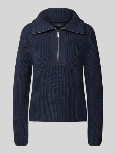 Produktfoto, Strickpullover mit Troyer-Kragen und Reißverschluss van Oui, donkerblauw, katoenmix, regular fit, structuurbreisel, voorkant