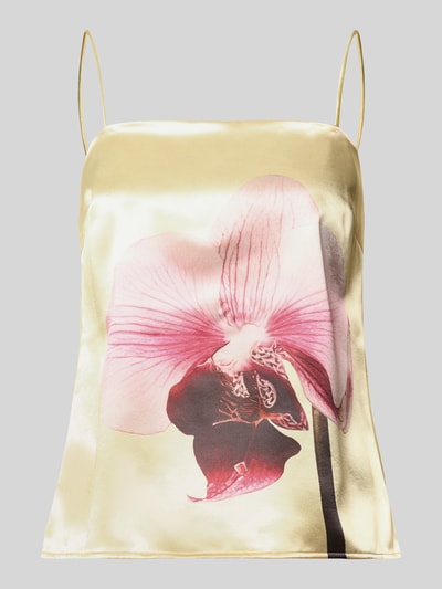 Produktfoto, Trägertop aus satijn model 'ORCHIDA' van YAS, regular fit, motiefprint, ruglengte bij maat 36: 59 cm, glanzende textuur, zachte crème- en roze tinten.
