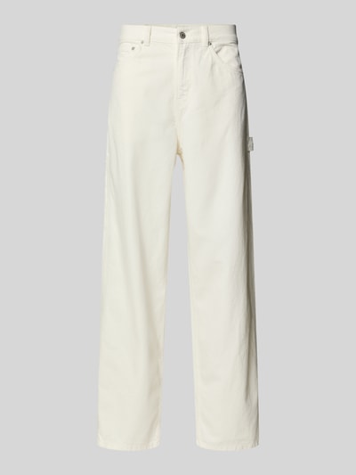 Produktfoto, Regular Fit Jeans im 5-Pocket-Design Modell 'Carpenter' von Les Deux in cremeweiß aus reiner Baumwolle, sichtbare strukturierte Oberfläche, Knopf- und Reißverschluss, klassische gerade Form, neutrale Hintergrundfarbe, Herrenhose in Größe 32/32.