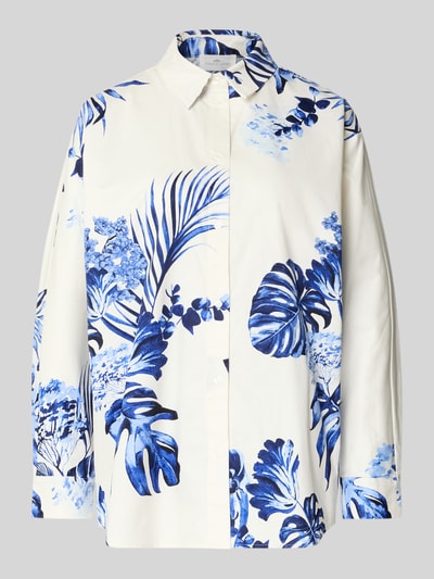 Produktfoto, Regular Fit Bluse im Allover-Look Modell 'BATWING TROPICS' von Fynch-Hatton, puur katoen, blauwe plantenprint, overhemdkraag, knoopsluiting, ruglengte maat 36: 46 cm, mouwlengte maat 36: 50 cm