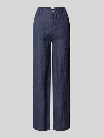 Produktfoto, Straight Fit Leinenhose mit elastischem Bund von Fynch-Hatton, dunkelblau, Reines Leinen, Paspeltaschen am Gesäß, glatte Textur, Bundweite 38 cm, Innenbeinlänge 79 cm, Größe 36.