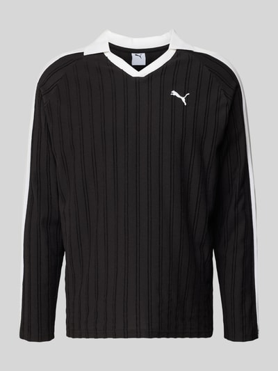 Produktfoto, Relaxed Fit Polo-Longsleeve mit Label-Stitching von PUMA PERFORMANCE, reine Baumwolle, schwarzes Oberteil mit weißen Details, V-Ausschnitt, Polokragen, strukturierte Oberfläche, für Herren