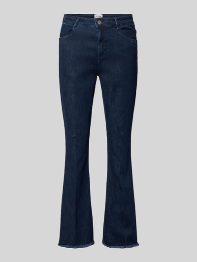 Produktfoto, Bootcut Jeans mit Fransen Modell 'SHAKIRA' von Brax aus dunkelblauem Baumwoll-Mix mit Stretch-Anteil, verkürzte Passform, Knopf- und Reißverschluss, Eingrifftaschen, Gesäßtaschen, Fransen-Saum, Bundweite 38 cm, Innenbeinlänge 72 cm bei Größe 36.