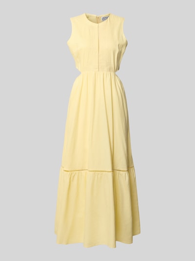 Produktfoto, gelbes Midikleid aus Leinen-Mix mit Viskose-Anteil, taillierte Passform, Lochstitching, Rundhalsausschnitt, ärmelloses Design von JAKE*S STUDIO WOMAN