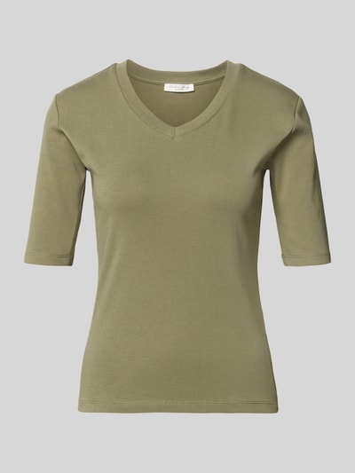 Produktfoto, T-Shirt mit V-Ausschnitt von Christian Berg Woman, olivgrün, Baumwoll-Elasthan-Mix, Regular-Fit, 1/2-Arm, Rückenlänge 55 cm