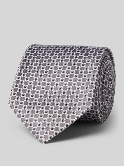 Produktfoto, Krawatte aus reiner Seide von OLYMP mit geometrischem Muster in Grau- und Schwarztönen vor grauem Hintergrund, Herren Krawatte von OLYMP