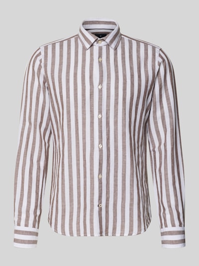 Produktfoto, Slim Fit Business-Hemd mit Kentkragen Modell 'Pit' von JOOP! Collection, gestreiftes Design, Knopfleiste, Sportmanschetten, abgerundeter Saum, Leinen-Baumwoll-Anteil, Farbmix aus Braun und Weiß, dezente Textur, Rückenlänge bei Größe 40: 74 cm, Schulterbreite 41 cm, Ärmellänge 67 cm.
