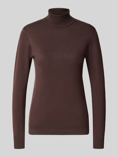 Productfoto, Slim Fit Strickpullover aus Viskose-Mix Modell 'Morla' van b.young, damestrui in donkerbruin, ribbelstructuur, rolkraag, elastische boorden, lengte 55 cm, mouwlengte 62 cm