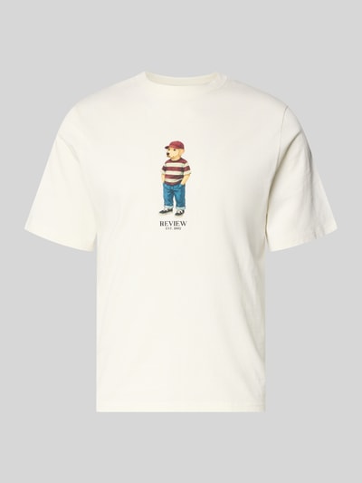 Produktfoto, T-Shirt mit Motiv-Print und Rundhalsausschnitt von REVIEW, męski t-shirt z bawełny, krój regular fit, nadruk z motywem, okrągły dekolt, długość tyłu w rozmiarze m: 64 cm, kremowy kolor, klasyczny fason