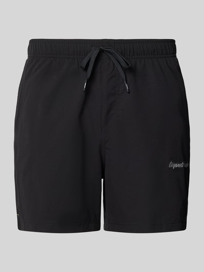 Produktfoto, schwarze Badehose mit Label-Stitching Modell 'MAUI' von Jack & Jones, Regular-Fit, elastischer Bund, Tunnelzug