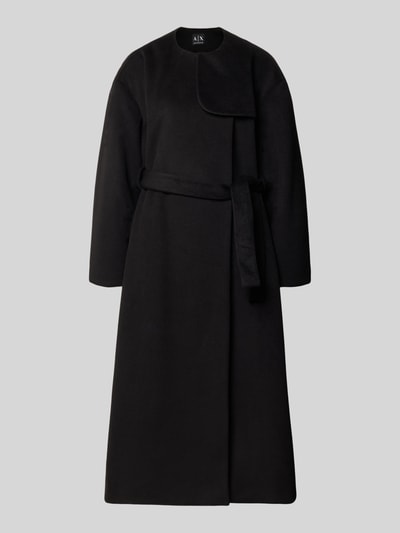 Produktfoto, Mantel mit Rundhalsausschnitt und Bindegürtel von Armani Exchange, schwarz, A-Linie, glatte Struktur, Material-Mix mit Viskose-Anteil.
