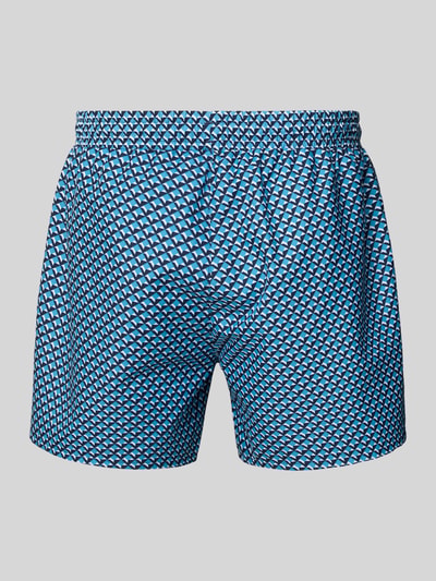 Produktfoto, Relaxed Fit Badeshorts mit Allover-Muster Modell 'CATFISH' von BOSS in Blau mit elastischem Bund, seitlichen Taschen, Nahaufnahme Vorderansicht