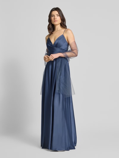 unique Abendkleid aus Satin mit V-Ausschnitt und Spaghettiträgern Rauchblau 1
