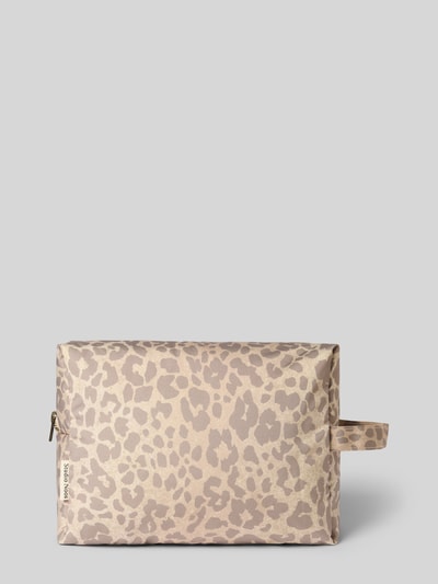 Produktfoto, Kosmetiktasche mit Allover-Animal-Print Modell 'Puffy' von STUDIO NOOS, Hauptfach mit Reißverschluss, Reißverschlussfach auf der Innenseite, beige-braune Farbtöne, rechteckige Form, glatte Textur