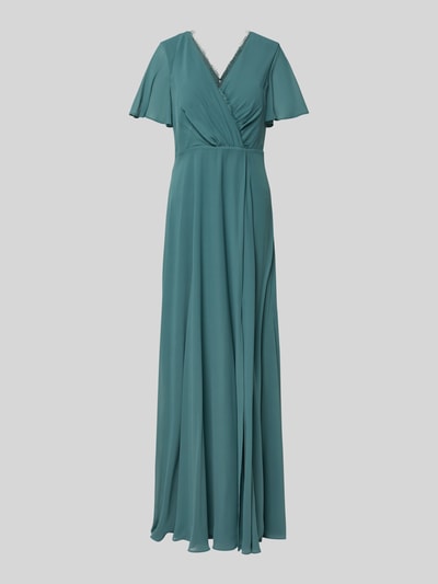 Produktfoto, Damen Abendkleid mit Spitzenbesatz von Christian Berg Cocktail in Türkis, V-Ausschnitt, Wickel-Optik, Raffungen, semitransparenter Stoff