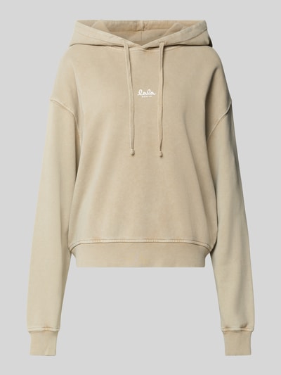 Produktfoto, Oversized Hoodie aus reiner Baumwolle von Lala Berlin in Beige mit Kapuze, Label-Print und gerippten Abschlüssen, Damen Hoodie