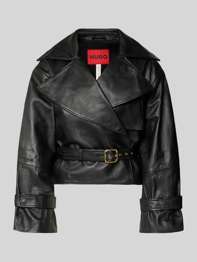 Produktfoto, Slim Fit Lederjacke aus echtem Lammleder Modell 'LANITTE' von HUGO, czarna, gładka faktura, pasek z klamrą, krój slim fit, kołnierz rewersowy, napy, długi rękaw z regulacją, jednolity kolor, skóra naturalna