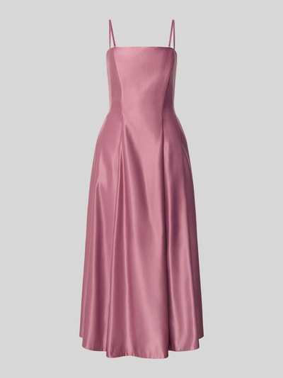 Produktfoto, Abendkleid aus Satin mit Spaghettiträgern von Rinascimento in Rosa, leicht glänzende Oberfläche, taillierte Passform, seitliche Eingrifftaschen, rückseitiger Reißverschluss, mittellanger Schnitt