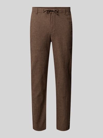 Produktfoto, Regular Fit Stoffhose aus Baumwoll-Leinen-Mix von SELECTED HOMME in brauner Melange-Optik, Webware mit Gürtelschlaufen, Mid Waist, Knopf und verdecktem Reißverschluss, seitliche Eingrifftaschen und Gesäßtaschen, natürliche Textur.