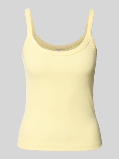 Produktfoto, Slim Fit Tank Top aus Bio-Baumwoll-Mix Modell 'MAY' von Pieces, Optik: Unifarben, Feinripp, zartes Gelb, schmale Träger.