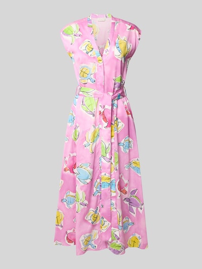 Produktfoto, Midikleid mit V-Ausschnitt und Bindegürtel von Milano Italy, bawełna, linia a, wzór na całej powierzchni, różowe, długość tyłu 127 cm, szerokość w rozmiarze 36: 50 cm