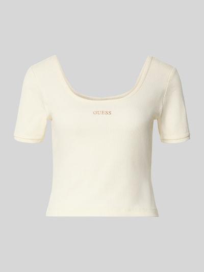 Produktfoto, Cropped T-Shirt aus Lyocell-Mix Modell 'Circe' von Guess Activewear in Creme mit Rundhalsausschnitt und Logo-Stitching, strukturierte Rippen-Textur