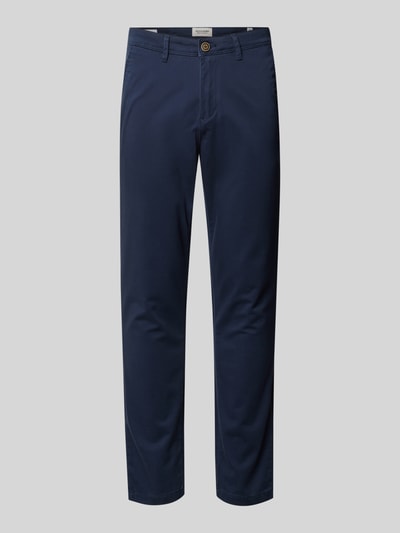 Produktfoto, Slim Fit Hose in Knöchellänge Modell 'Marco' von Jack & Jones aus Baumwoll-Mix, dunkelblau, Eingriff- und Gesäßtaschen, Knopf- und Reißverschluss, Bundweite 41 cm in Größe 32/32, Innenbeinlänge 74 cm