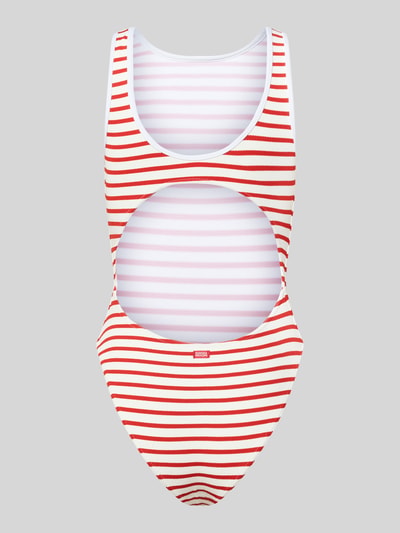 Produktfoto, Badeanzug mit rückseitigem Cut Out Modell 'LUNELY NAUTICAL' von Banana Moon, Material-Mix mit Stretch-Anteil, Feinripp, Rundhalsausschnitt, breite Träger, rot-weiße und rosa Streifen, Label-Patch auf Rückseite