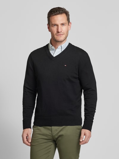 Tommy Hilfiger Gebreide pullover met logostitching, model 'PIMA' Zwart - 4