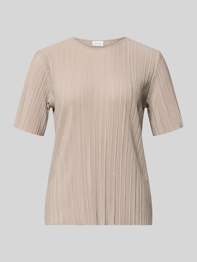 Produktfoto, T-Shirt mit Rundhalsausschnitt Modell 'LISA' von Vila, Damen T-Shirt im Material-Mix mit Viskose-Anteil, Plisseefalten, gerader Schnitt, beige, feine Rillenstruktur