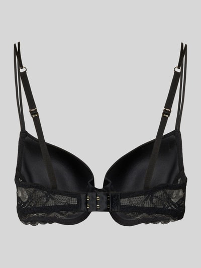 Produktfoto, Bralette mit Spitzenbesatz Modell 'DEMI_BLOSSOM' von BOSS in Schwarz, unifarben, metallic Applikationen, Hakenverschluss, Detailansicht Rückseite.