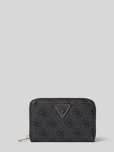 Produktfoto, Portemonnaie mit Logo-Muster Modell 'LAUREL II' von Guess, Label-Applikation, Hauptfach mit Reißverschluss, schwarz, strukturierte Oberfläche