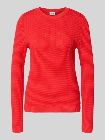 Produktfoto, Strickpullover mit gerippten Abschlüssen Modell 'dalo' von Vila, reine Baumwolle, Slim Fit, Rundhalsausschnitt, leuchtend rot, fein strukturierte Oberfläche