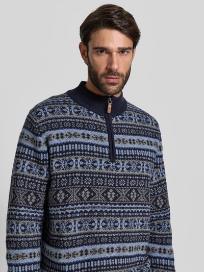 Fynch-Hatton Sweter o kroju regular fit z czystej wełny model ‘Jacquard’ Granatowy 3