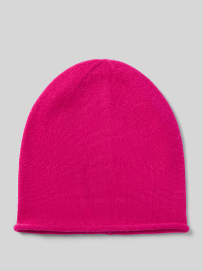 Produktfoto, Mütze aus reinem Kaschmir von Christian Berg Woman in leuchtendem Pink, Strick-Optik, Rollsaum und Ziernaht, glatt-texturiert.