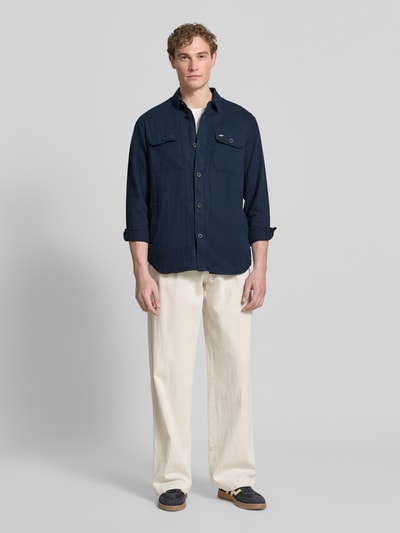 Fynch-Hatton Regular Fit Hemdjacke aus Leinen-Baumwoll-Mix mit Kentkragen Marine 1