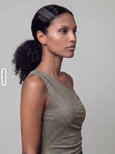 Frauenmodel trägt Eng anliegendes Abendkleid mit Glitzerbesatz Modell '1ShldGlitter2' von Jake*s, dezente Glitzertextur, Nahaufnahme Oberkörper, Damen Abendkleid von Jake*s Cocktail.