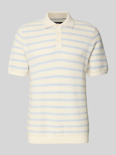 Produktfoto, Poloshirt mit Polokragen und kurzer Knopfleiste von MCNEAL, bawełna, krój regular fit, beżowy z niebieskimi paskami, widoczna faktura dzianiny