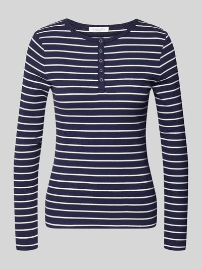 Produktfoto, Slim Fit Langarmshirt aus Baumwoll-Mix mit kurzer Knopfleiste von Christian Berg Woman, Ringelstreifen in Dunkelblau und Weiß, elastischer Baumwoll-Mix, Rundhalsausschnitt, langärmliges Design, Rückenlänge 58 cm bei Größe S