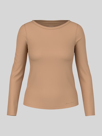 Produktfoto, Slim Fit Langarmshirt aus Baumwoll-Mix von Marc Cain in Beige, U-Boot-Ausschnitt, elastisches Material, Logo-Stickerei, Damen Langarmshirt