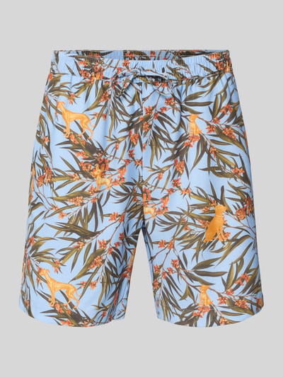 Produktfoto, Regular Fit Shorts aus Lyocell-Baumwoll-Mix von Armedangels, Optik:Allover-Muster mit Blättern und Tieren, Twill-Struktur, Tunnelzug, Label-Patch, seitliche Eingrifftaschen, Bundabschluss: Elastisch, Materialverarbeitung: Twill, Farbmix aus Hellblau, Grün und Orange