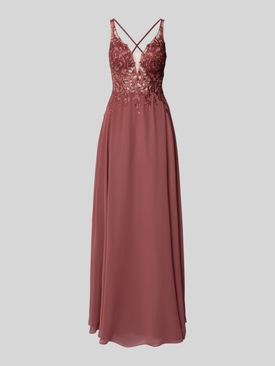 Produktfoto, Abendkleid mit Spitze und Strasssteinbesatz von Luxuar aus bordeauxfarbenem Chiffon in A-Linie, V-Ausschnitt, breite Träger.