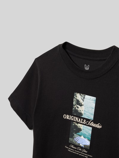 Productfoto, zwart T-shirt met motief- en statementprint model 'NORREBRO' van Jack & Jones, katoenmix, regular fit, ronde hals, labeldetail