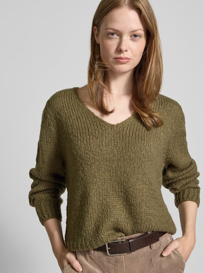 Oui Strickpullover mit V-Ausschnitt Oliv 3